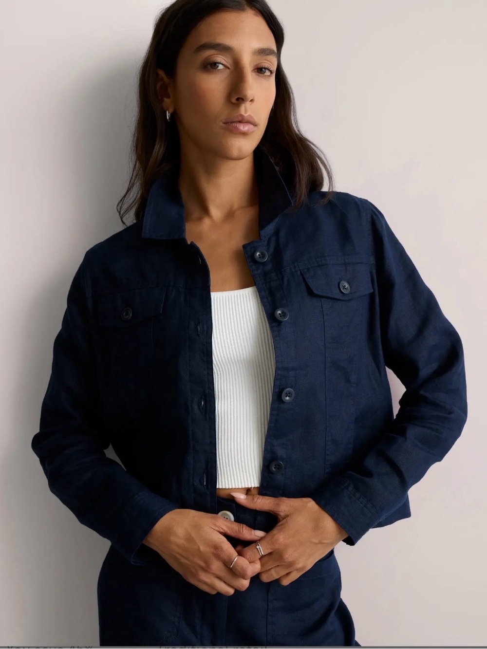 Quince Navy Cropped Button-Up 100% Linen Jacket